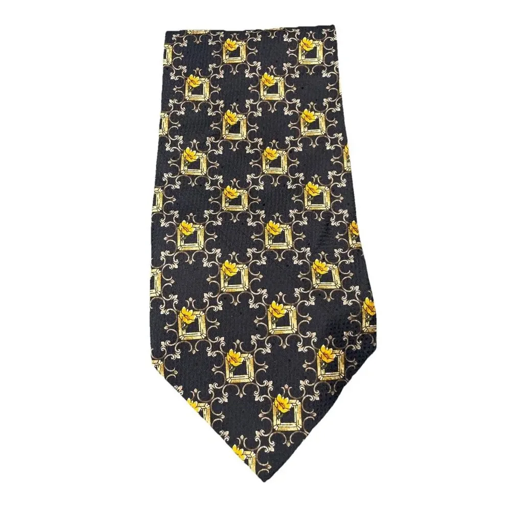 Valentino Cravatte 100% Silk Tie Italy Adorned Frames with Yellow Flowers Black